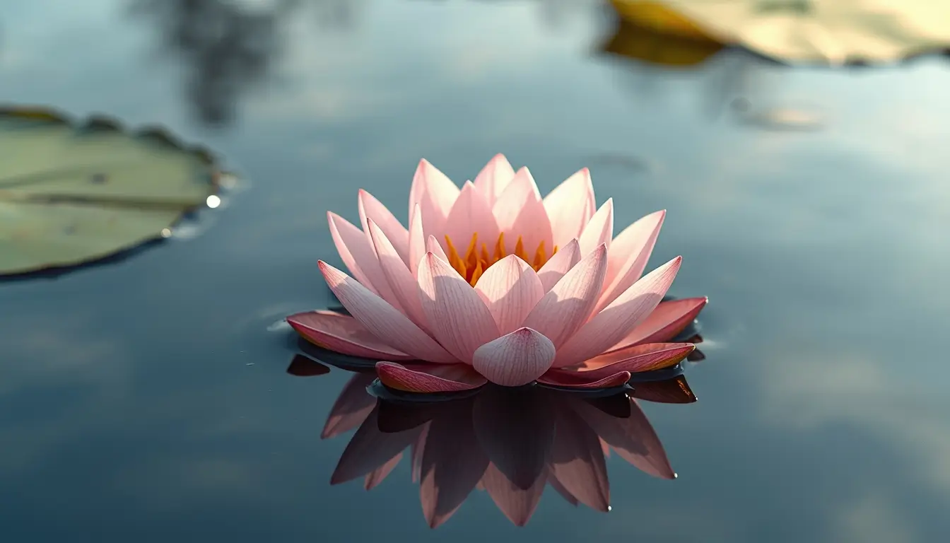 Lotus flower wallpaper showing a soft pink lotus floating on calm water with a clear reflection and peaceful natural mood.