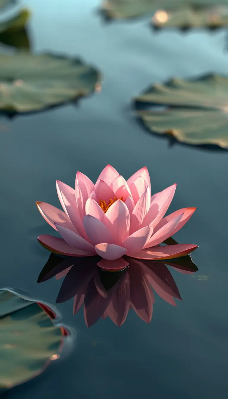 Lotus flower wallpaper showing a pink lotus floating on calm water with soft reflections and a peaceful natural atmosphere.