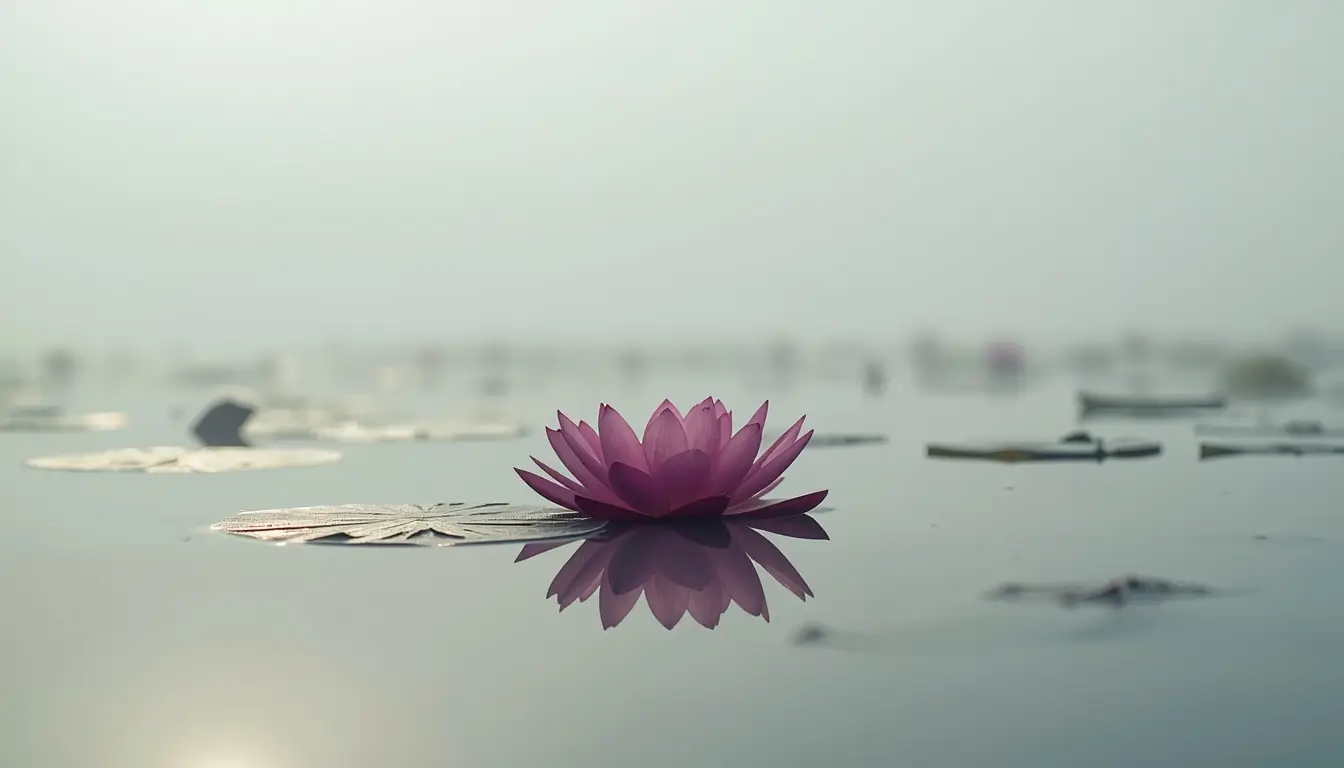Lotus flower wallpaper showing a pink lotus floating on calm water with soft reflections and a peaceful misty background