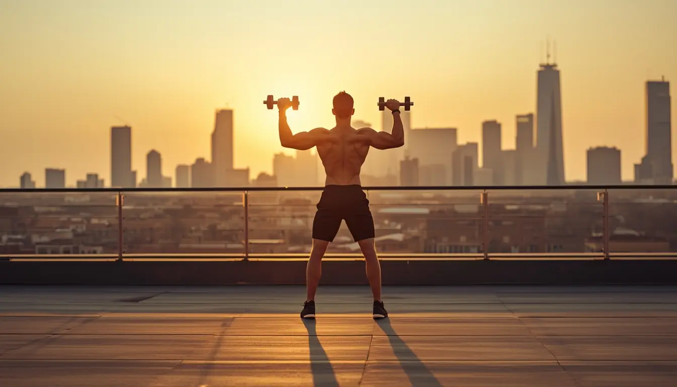 Athlete lifting dumbbells on a rooftop at sunrise with city skyline, inspiring motivational wallpaper for gym workouts