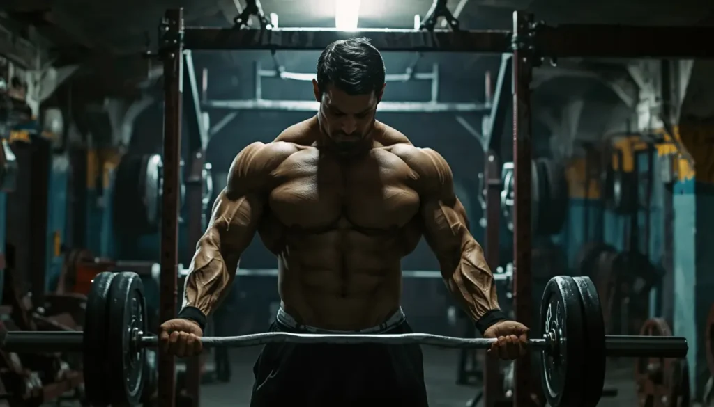 Motivational wallpaper for gym showing a muscular bodybuilder lifting a barbell in an underground gym with intense focus and strength