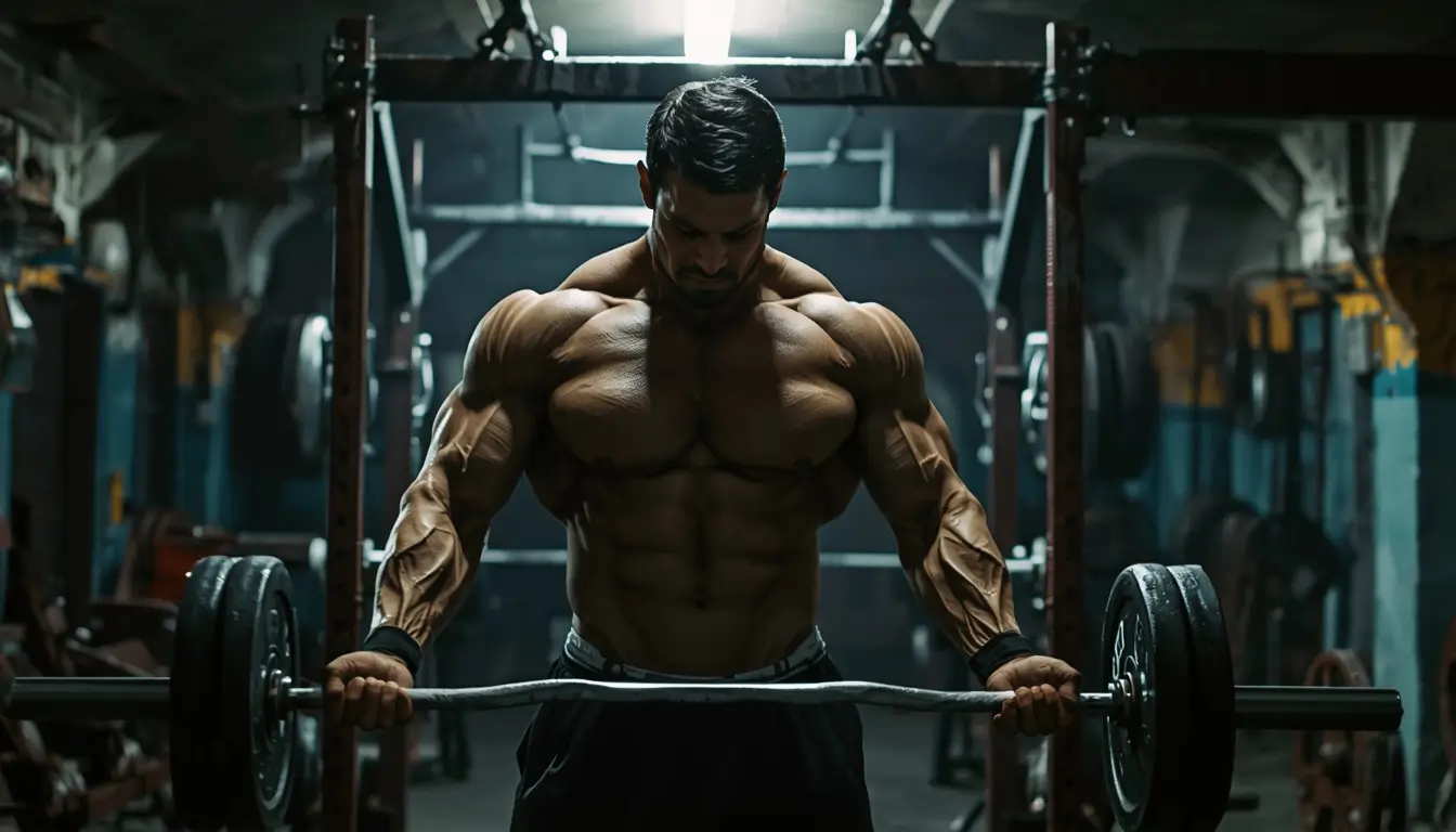 Motivational wallpaper for gym showing a muscular bodybuilder lifting a barbell in an underground gym with intense focus and strength