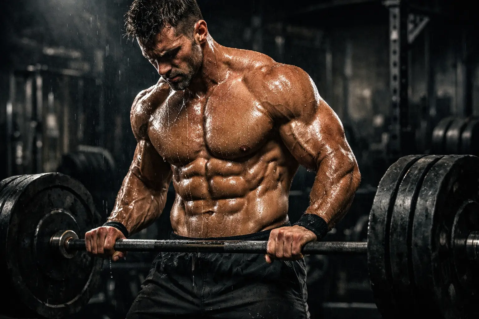 Muscular athlete gripping a heavy barbell in a dark gym, motivational wallpaper for gym showing strength, discipline, and intense workout focus