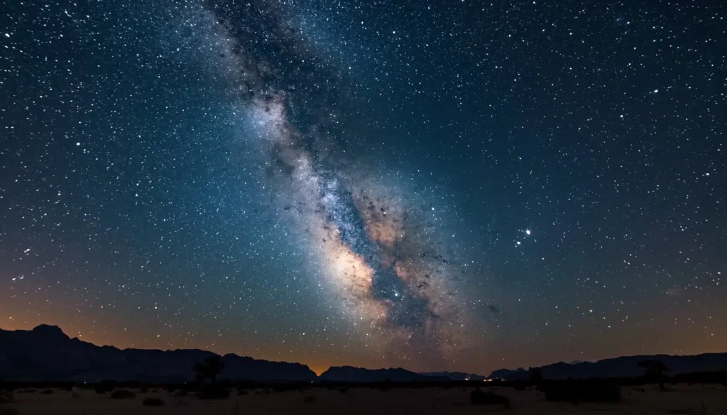 Milky Way galaxy over a silent desert landscape with stars and mountains, perfect nature wallpaper for desktop and phone