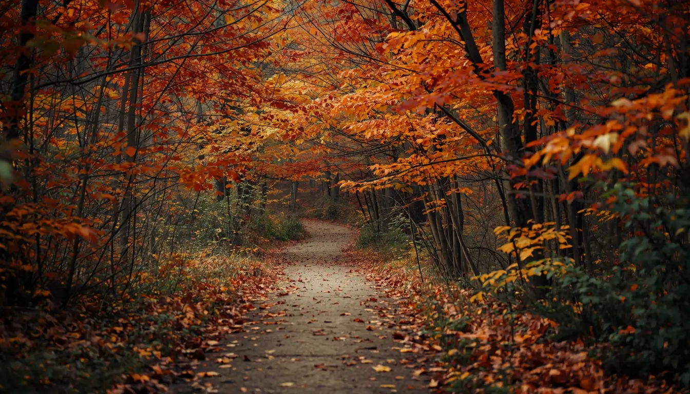 Autumn forest path covered with orange and red leaves, peaceful woodland scene ideal for nature wallpaper on desktop or phone