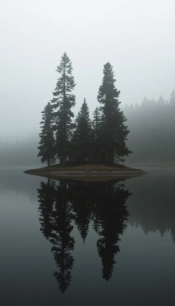 Foggy lake with pine trees reflected in calm water, minimalist and peaceful nature wallpaper suitable for desktop and phone