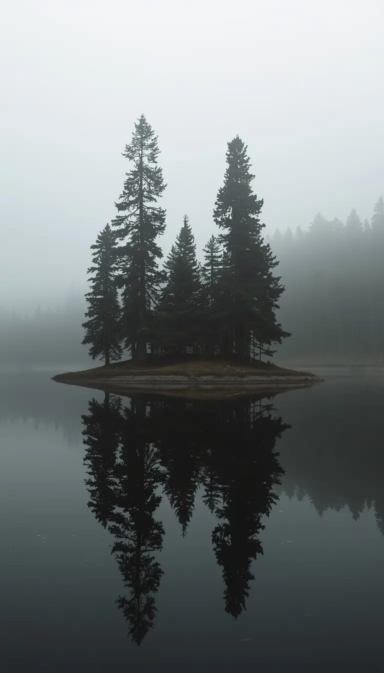 Foggy lake with pine trees reflected in calm water, minimalist and peaceful nature wallpaper suitable for desktop and phone