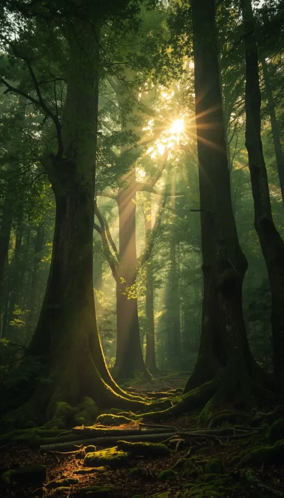 Sunlight streaming through tall forest trees with mossy roots and green foliage, peaceful nature wallpaper for desktop and phone