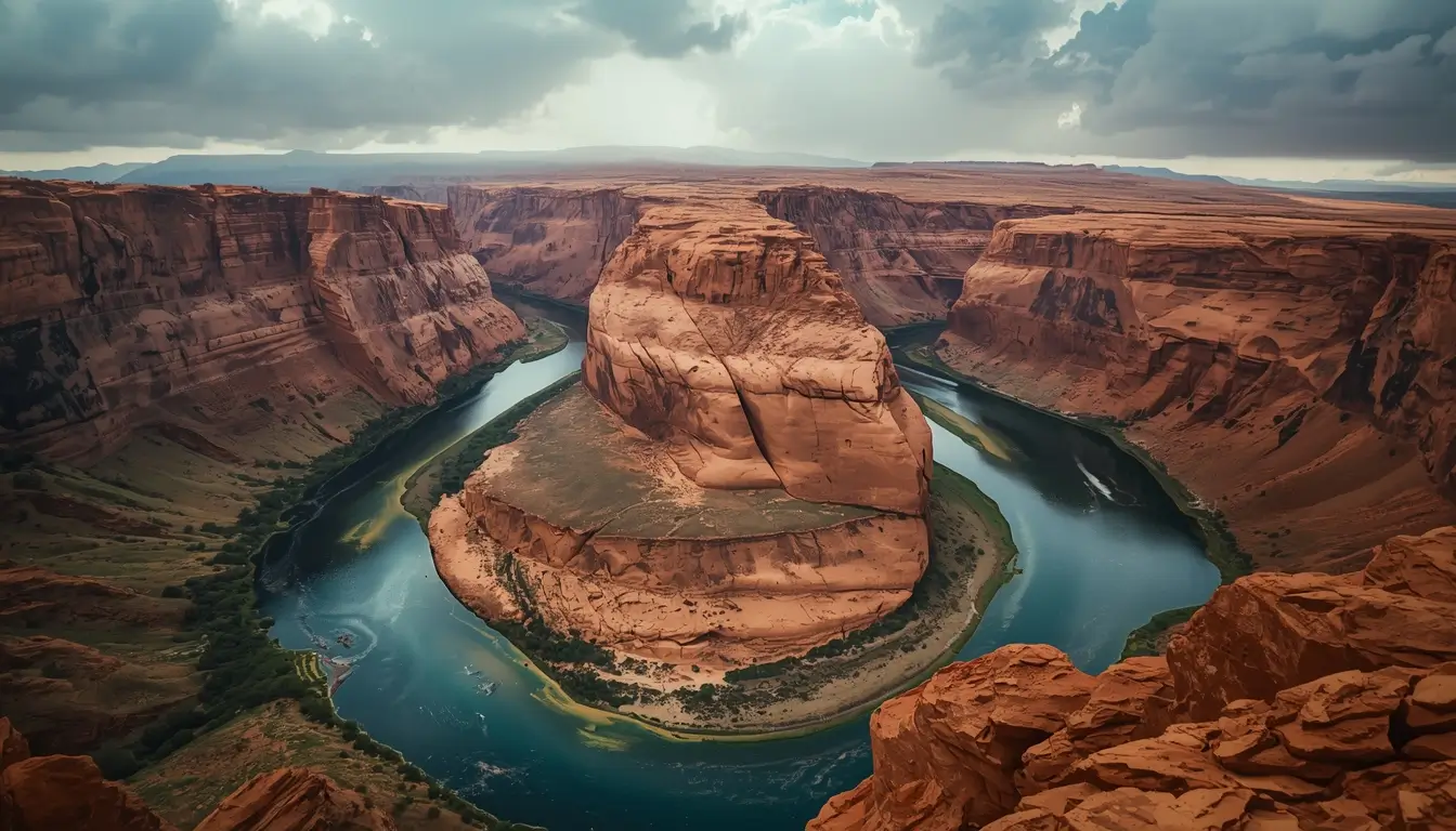 Turquoise river bending through massive red rock canyon cliffs under dramatic clouds, stunning nature wallpaper for desktop and phone