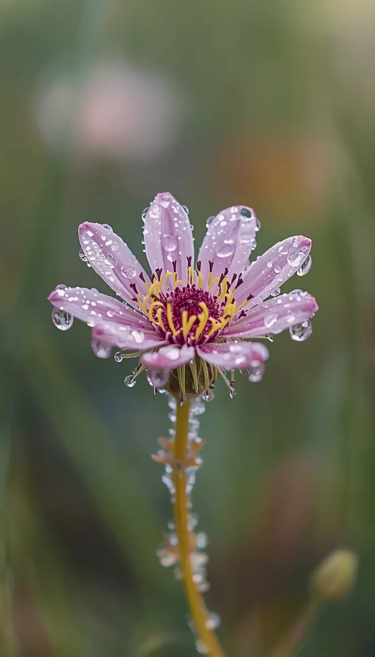 Close-up of a pink wildflower with morning dew droplets, soft background, elegant nature wallpaper for phone and desktop