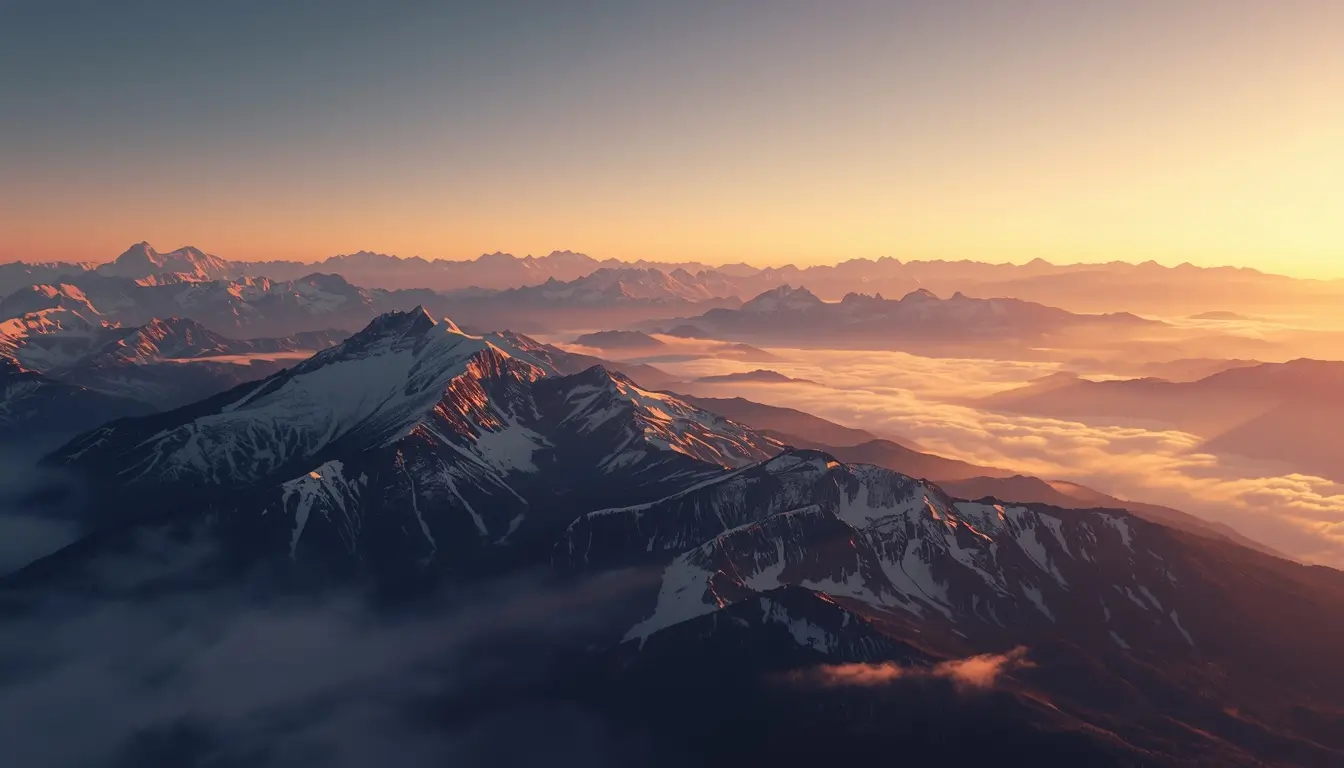 Golden sunrise illuminating snow-capped mountain peaks with clouds below, stunning nature wallpaper for desktop and phone