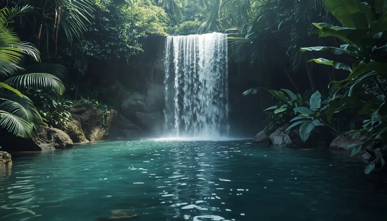 Nature wallpaper of a tropical waterfall cascading into a clear pool surrounded by lush green jungle plants