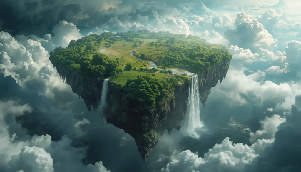 Nature wallpaper featuring a floating green island with waterfalls surrounded by dramatic clouds in the sky