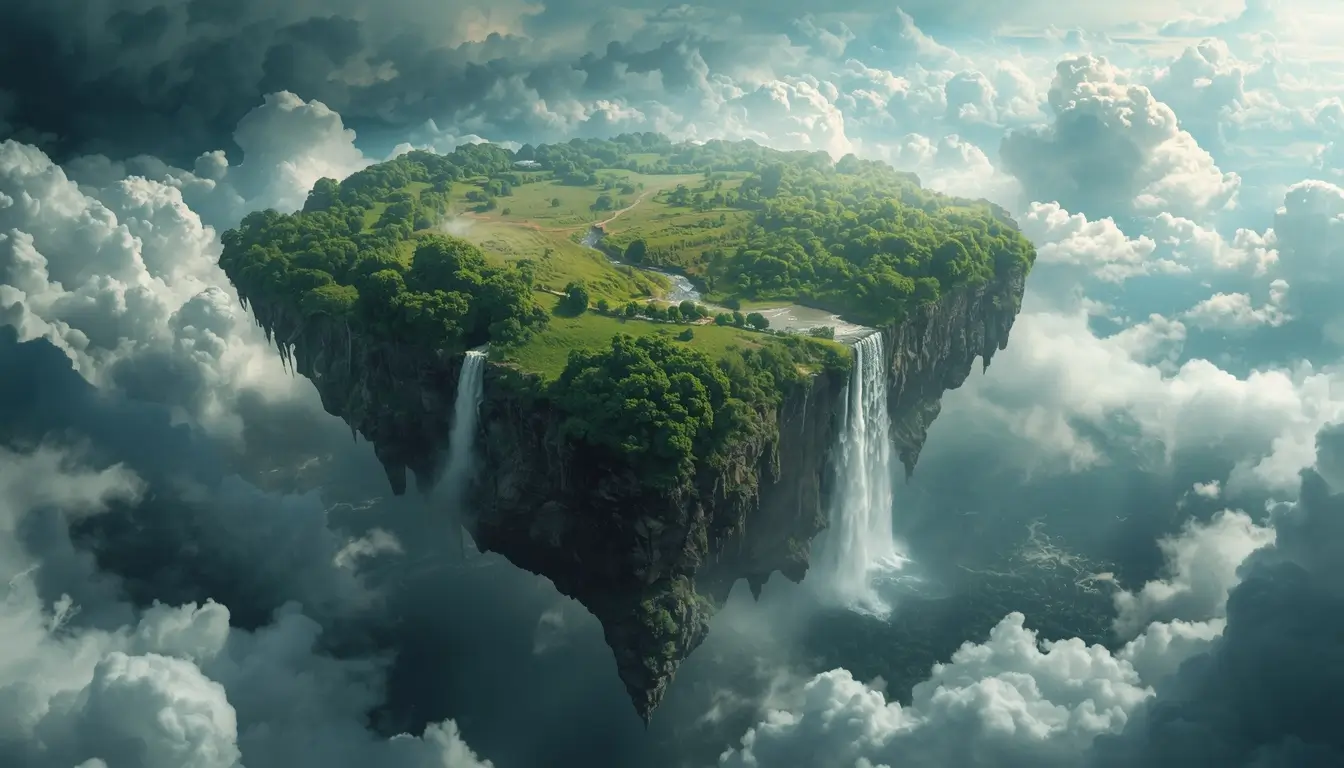 Nature wallpaper featuring a floating green island with waterfalls surrounded by dramatic clouds in the sky