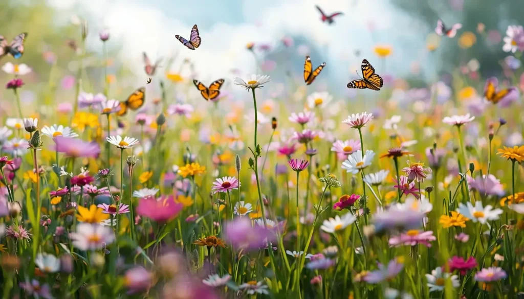Nature wallpaper of a colorful wildflower meadow with butterflies flying under soft daylight
