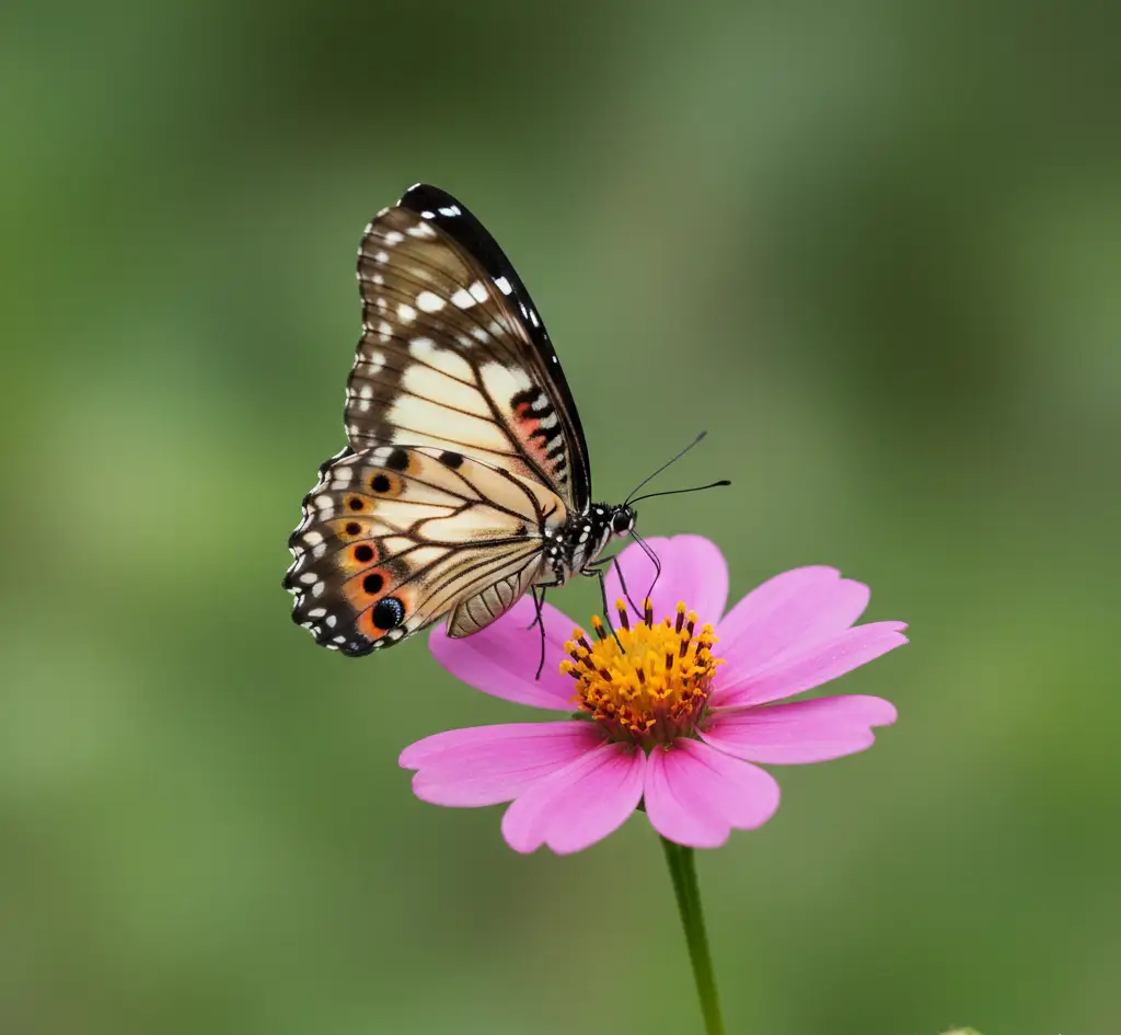 Butterfly sitting on a pink flower with green background, high-quality nature wallpaper for phone and desktop