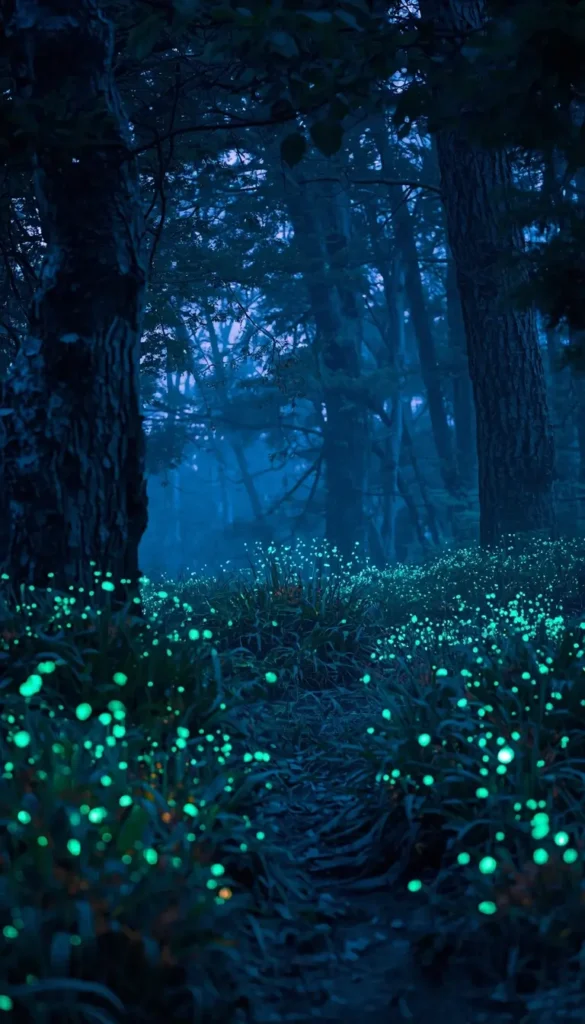 Glowing enchanted forest at night with bioluminescent plants, perfect as a nature wallpaper for desktop and phone screens