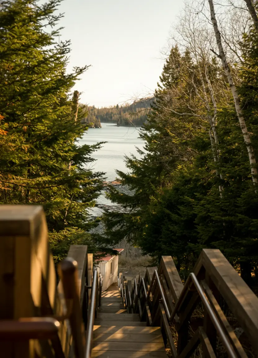 Wooden stairs through a green forest leading to a lake, scenic nature wallpaper for desktop and phone