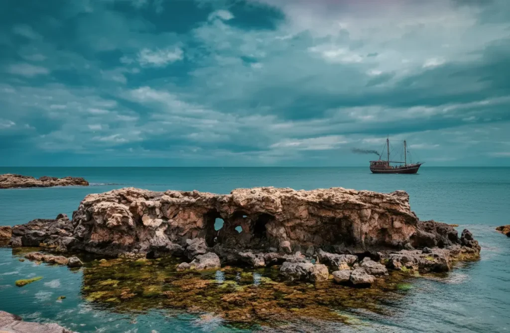 Rocky sea shore with turquoise water and a ship under cloudy sky, peaceful nature wallpaper for desktop and phone