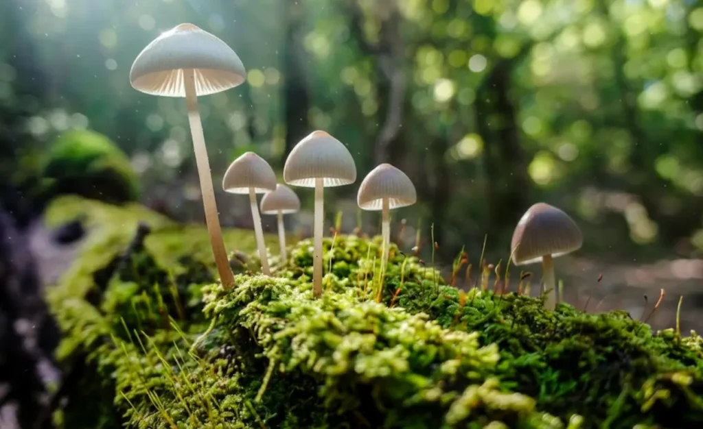 Small forest mushrooms growing on green moss with sunlight, macro nature wallpaper for phone and desktop
