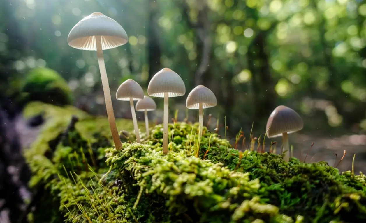 Small forest mushrooms growing on green moss with sunlight, macro nature wallpaper for phone and desktop