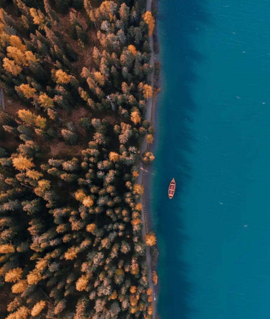 Aerial nature wallpaper of autumn forest beside a blue lake with a small boat, perfect for desktop and phone backgrounds