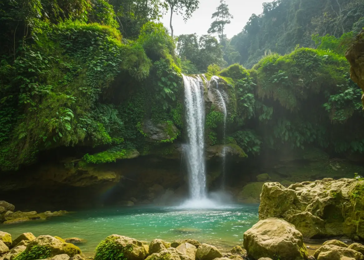 Nature wallpaper of a lush green forest waterfall flowing into a clear turquoise pool, perfect for desktop and phone use