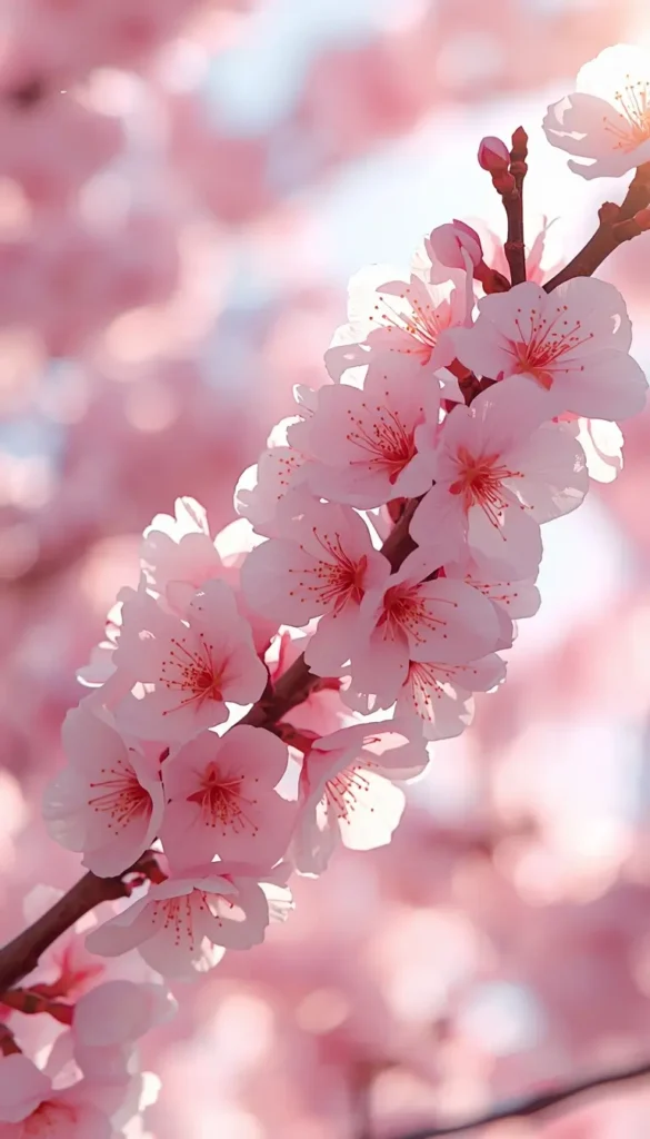 Soft pink cherry blossom flowers blooming on branch, dreamy pink flower wallpaper with pastel background