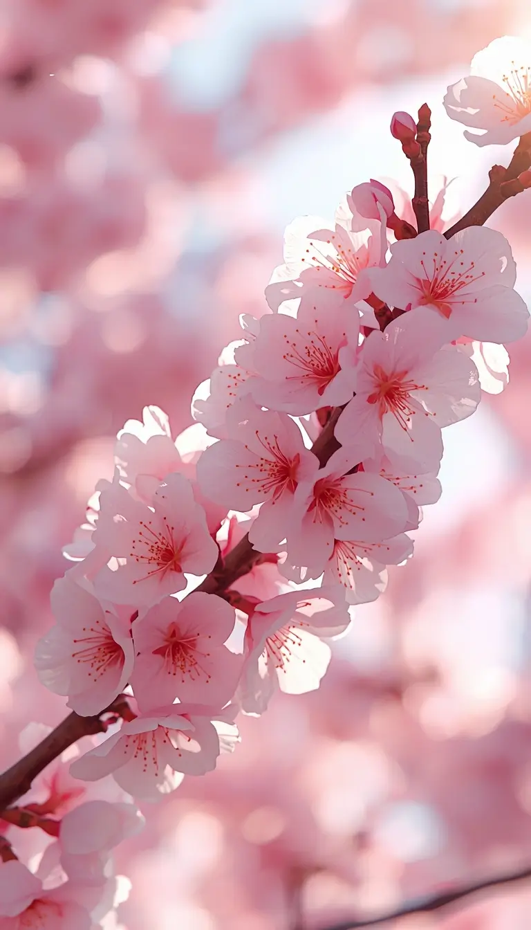 Soft pink cherry blossom flowers blooming on branch, dreamy pink flower wallpaper with pastel background