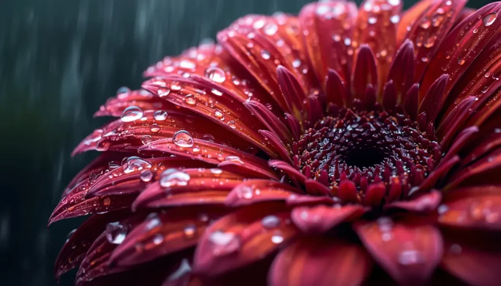 Close-up red flower wallpaper with rain droplets on petals, dark aesthetic floral background for desktop and phone screens