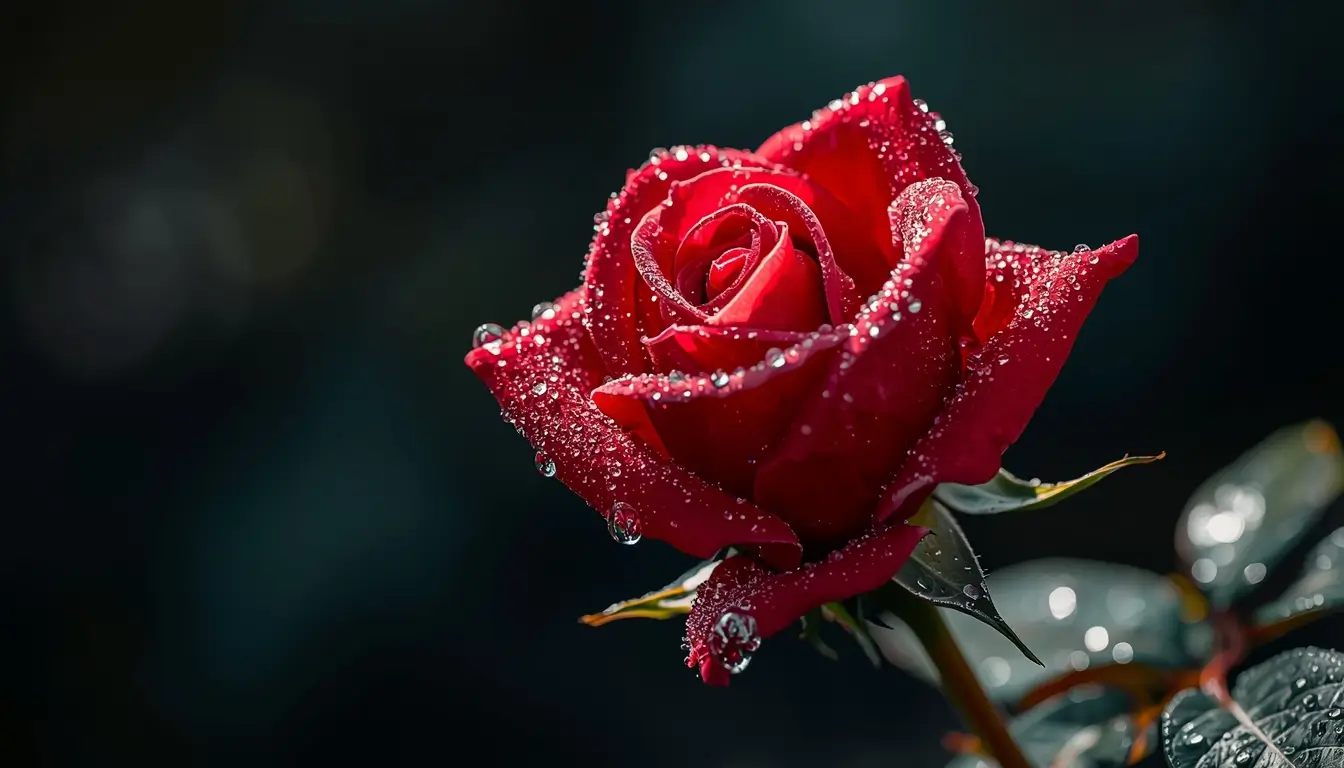 Close-up red rose flower with dew drops on dark background, perfect red flower wallpaper for desktop and phone