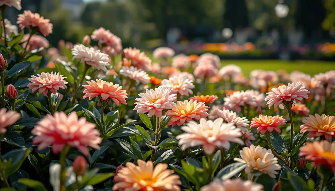 Spring flower wallpaper showing a blooming garden filled with soft pink and peach flowers under warm natural daylight.
