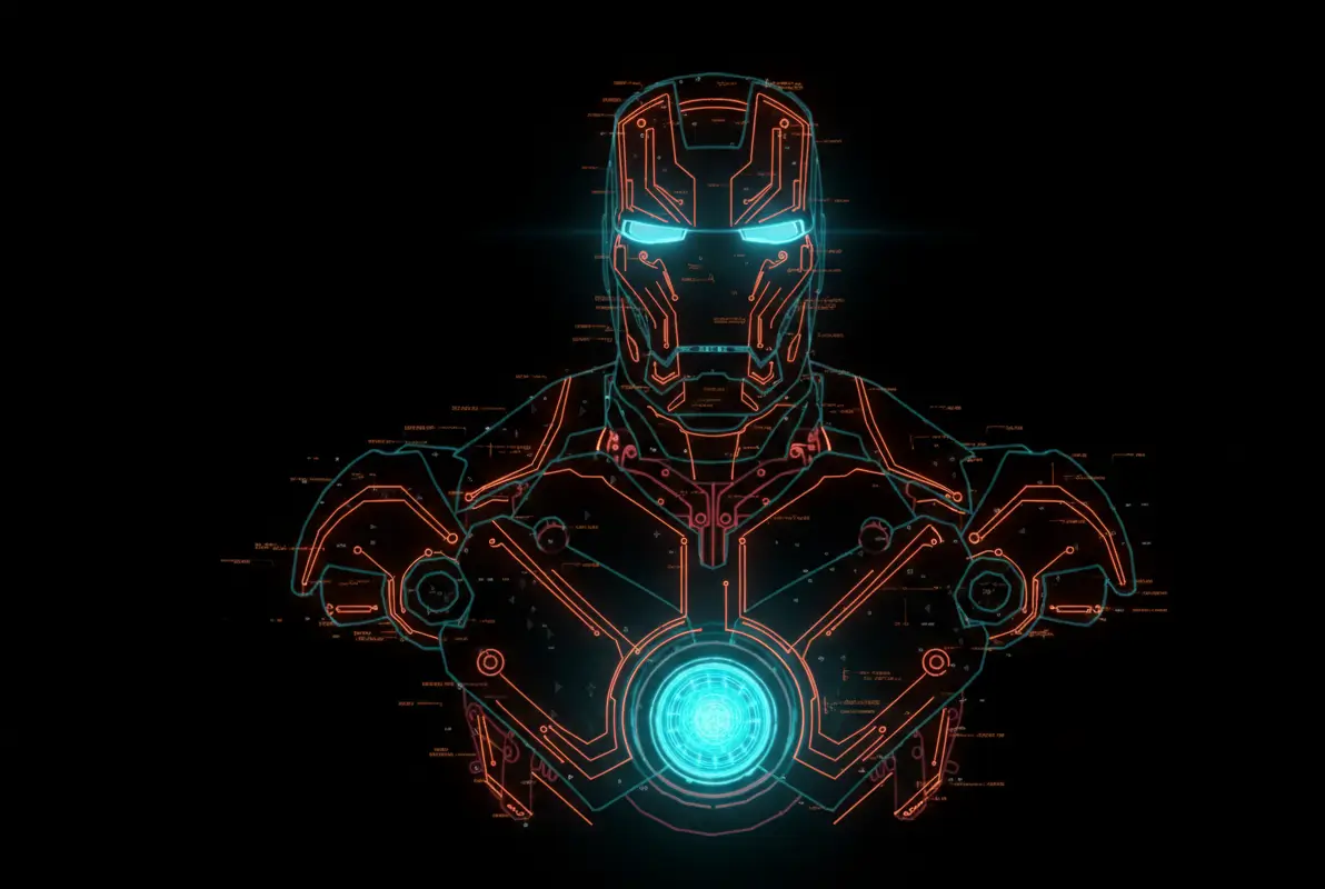 Futuristic armored figure with glowing core on pure black background, ultra HD super AMOLED black wallpaper