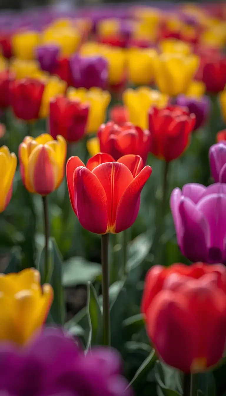 Tulip flower wallpaper featuring colorful red, yellow, and purple tulips in a spring garden with soft background blur