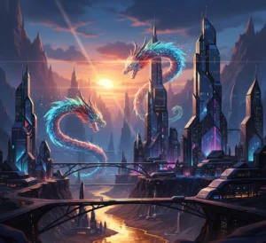 Futuristic city with glowing dragons at sunset, ultra HD 4K AMOLED wallpaper 1440p with vivid colors and deep contrast