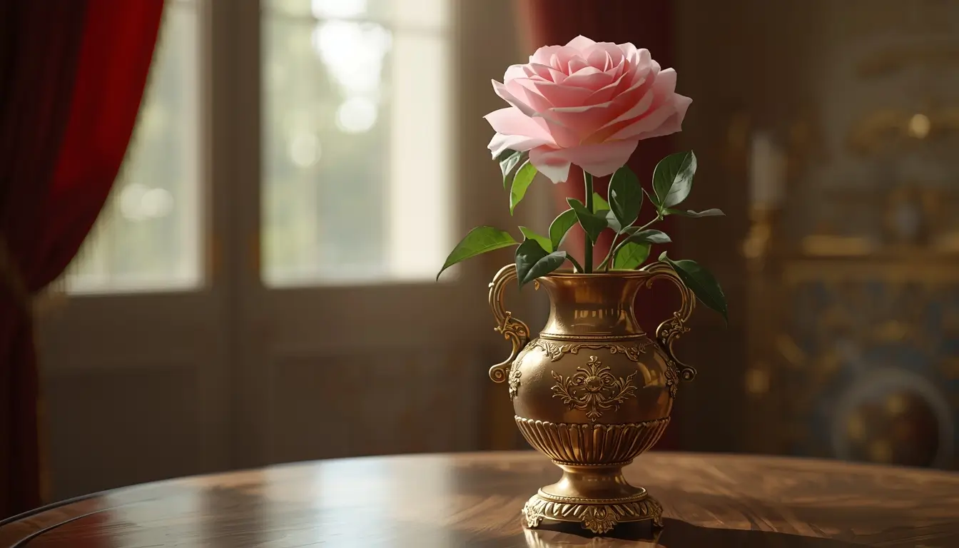 Vintage flower wallpaper showing a soft pink rose placed in an antique gold vase with warm natural light and classic interior style.