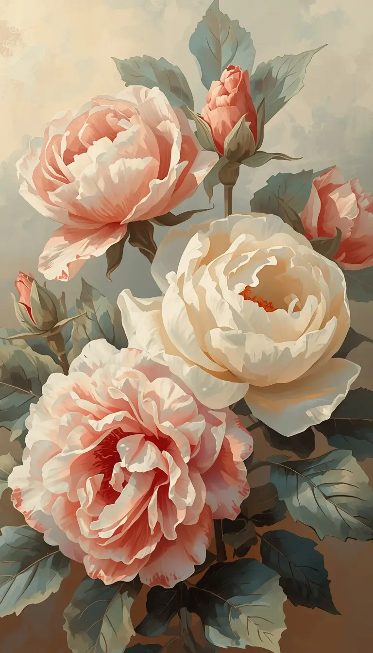 Vintage flower wallpaper featuring elegant pastel blossoms in oil painting style, aesthetic floral background for desktop and mobile