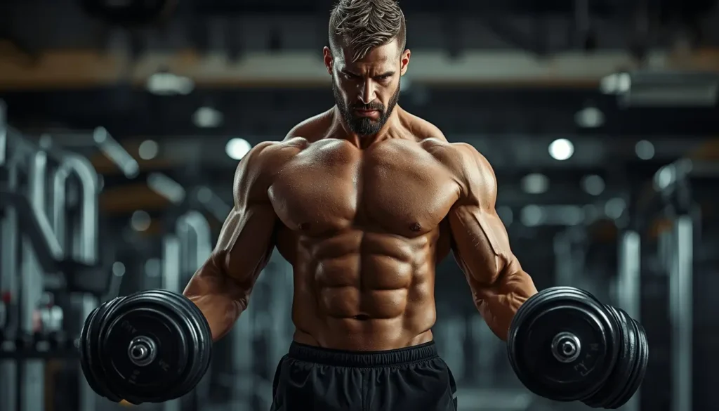 Muscular man lifting dumbbells in a modern gym, intense workout scene perfect for wallpaper motivation gym use