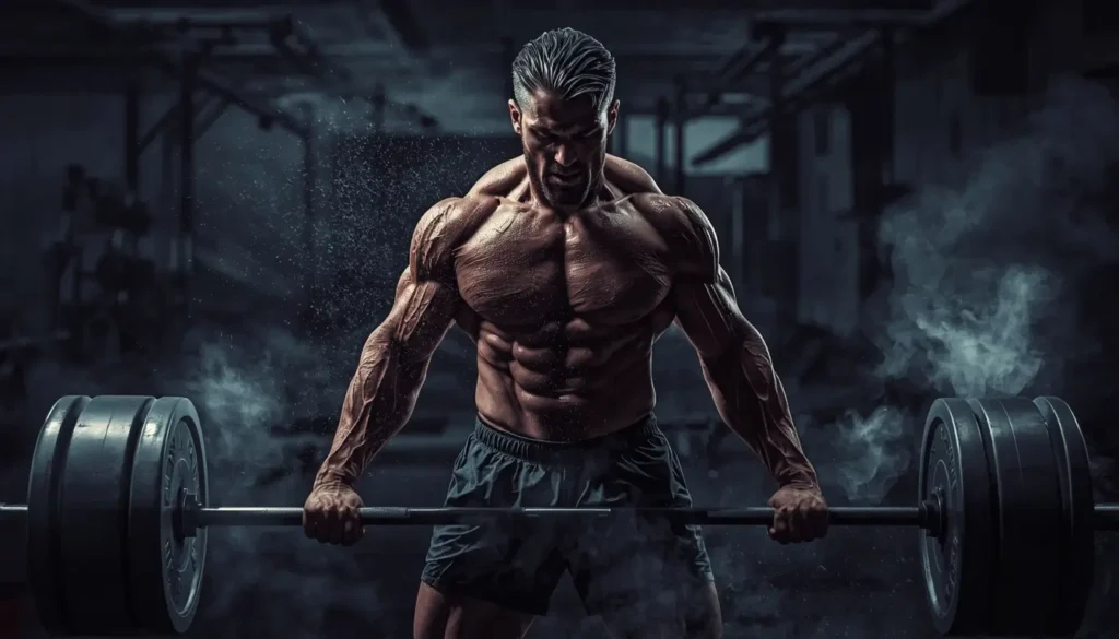 Muscular athlete holding a heavy barbell in a dark gym, wallpaper motivation gym showing power, focus, and intense training atmosphere