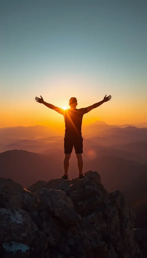 Athlete standing on a mountain peak at sunrise with arms open, powerful wallpaper motivation gym symbolizing success