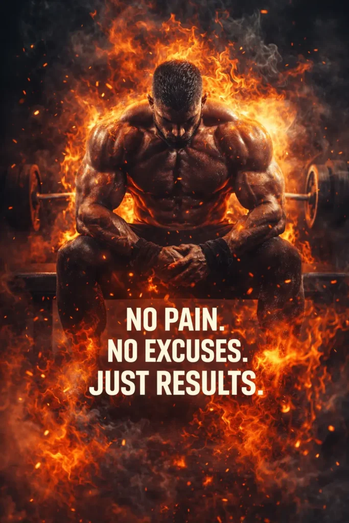 Muscular athlete surrounded by flames with motivational quote, wallpaper motivational gym showing power, focus, and no excuses mindset
