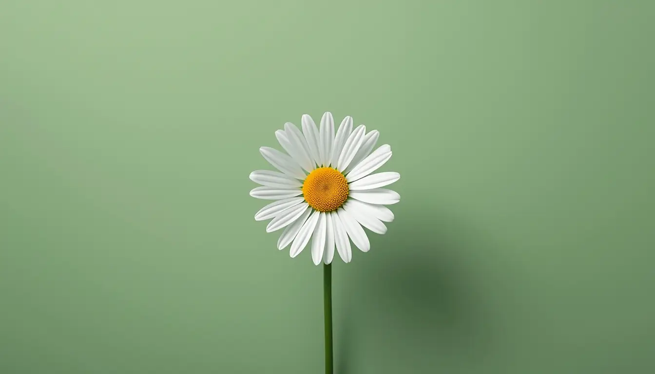Minimalist white daisy flower on soft green background, clean and aesthetic white flower wallpaper