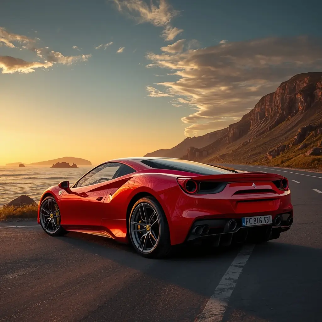 4k-car-wallpaper red supercar parked on coastal road at sunset with ocean cliffs and dramatic golden sky