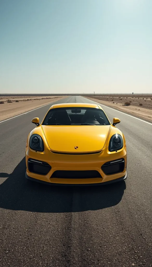 4k-car-wallpaper yellow sports car parked on straight desert highway with clear sky and minimal landscape background