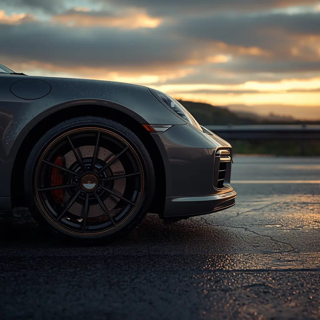 4k-car-wallpaper close-up sports car wheel and front bumper on wet road at sunset with cinematic reflections and detail