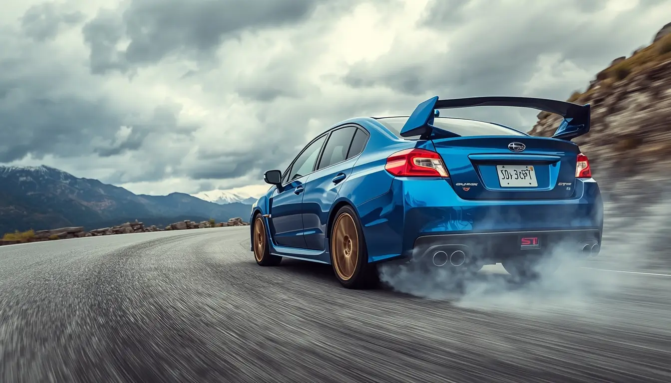 4k-car-wallpaper blue sports sedan drifting on mountain road with tire smoke and cloudy sky action scene