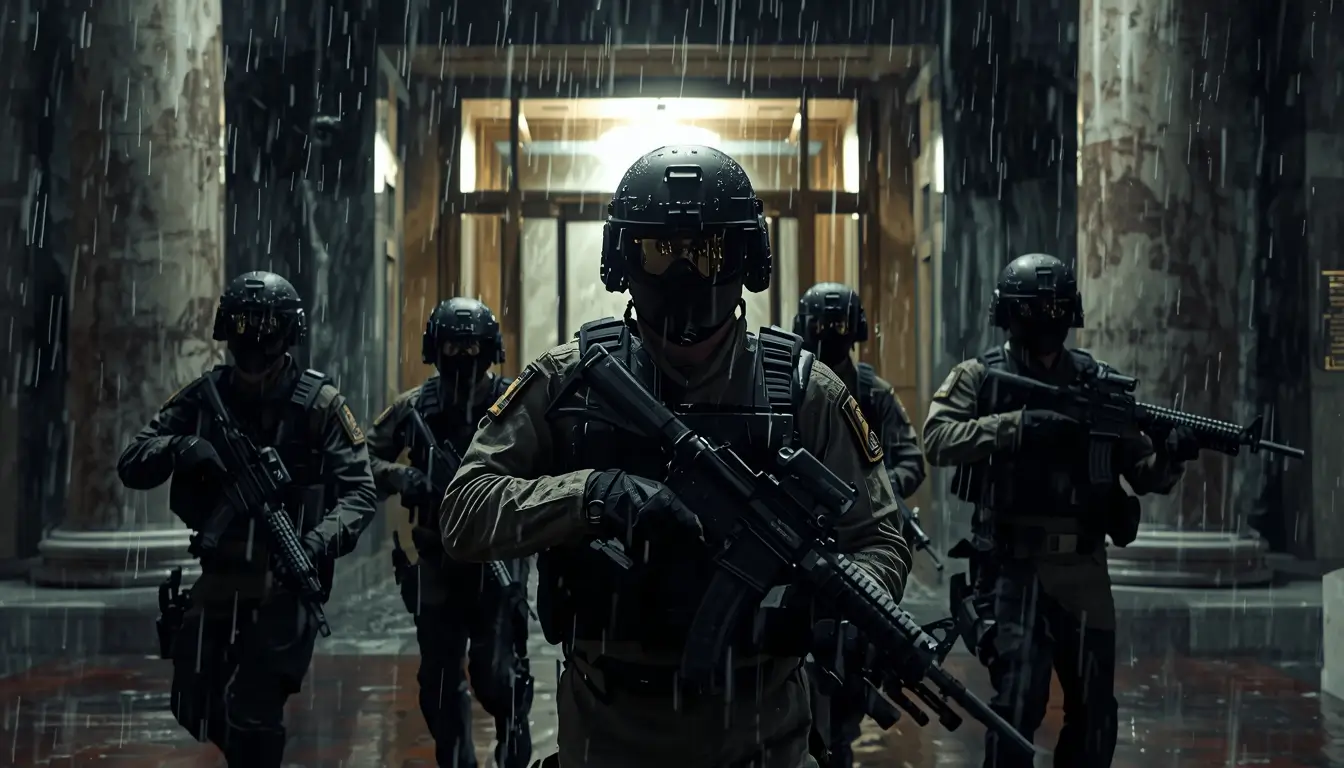 Elite tactical squad advancing in heavy rain at night 4k rainbow six siege wallpaper with rifles and dramatic lighting
