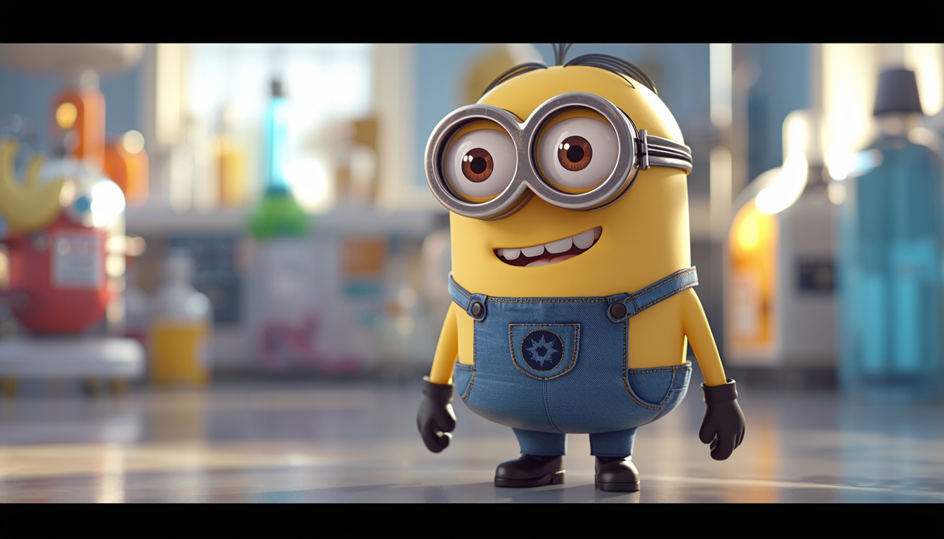 Cute yellow cartoon character with silver goggles and blue overalls smiling in a bright laboratory.