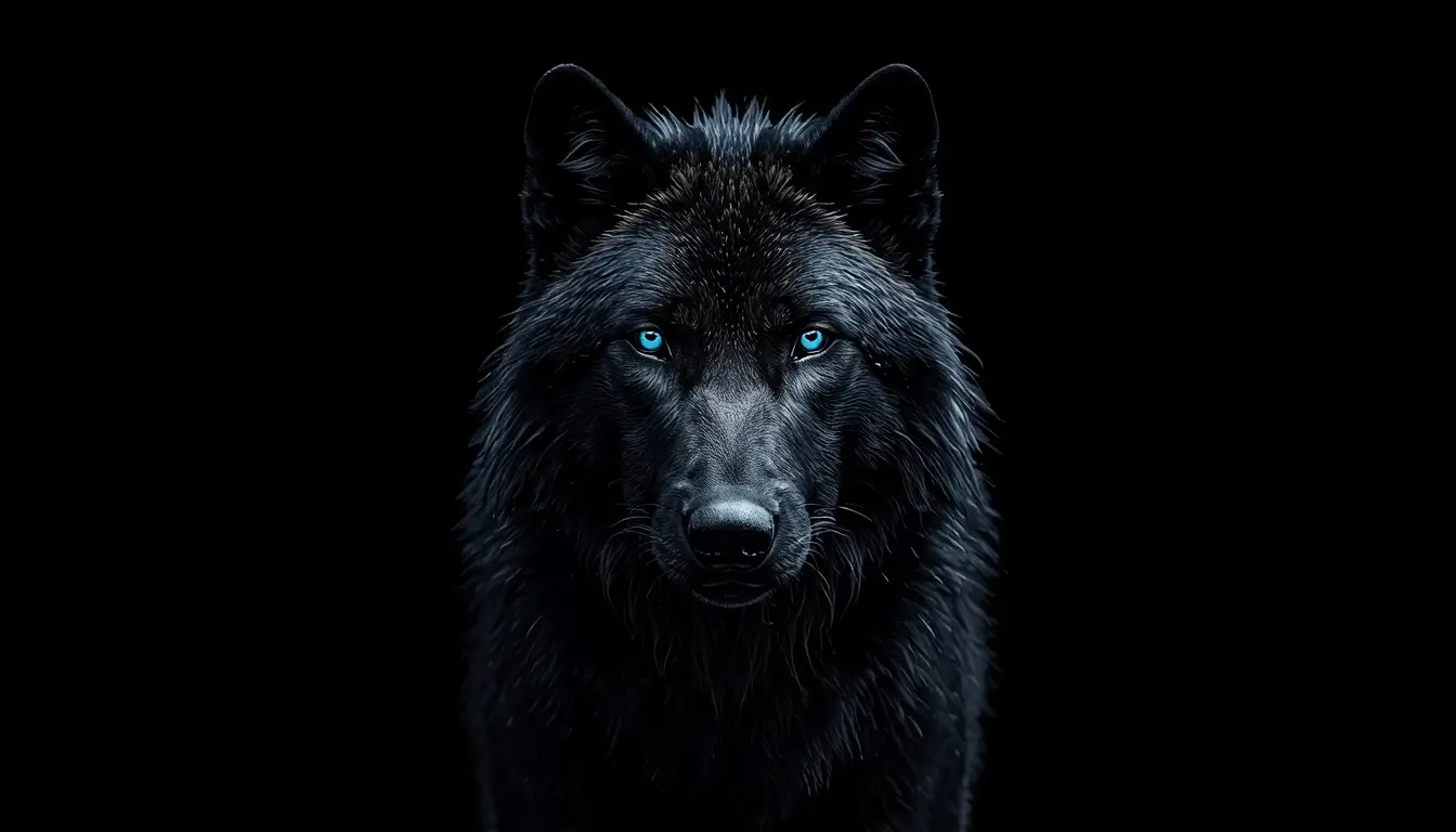 Black wolf with glowing blue eyes on pure dark background, amoled-black-wallpaper-4k ultra HD animal phone wallpaper