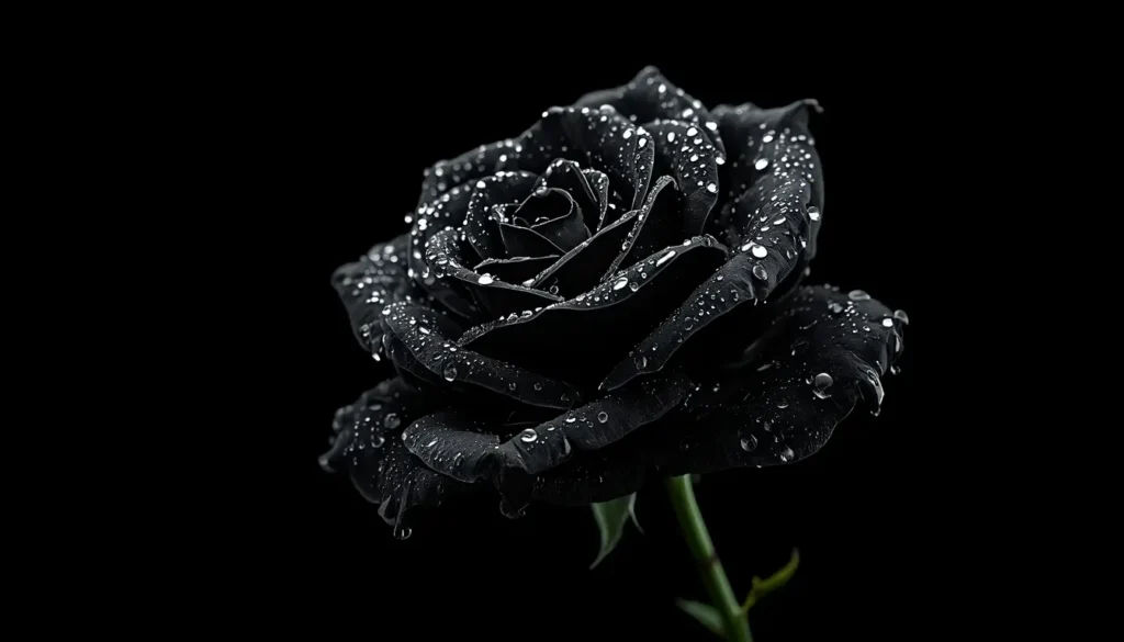 Black rose with water droplets on pure black background, amoled-black-wallpaper-4k ultra HD dark floral phone wallpaper